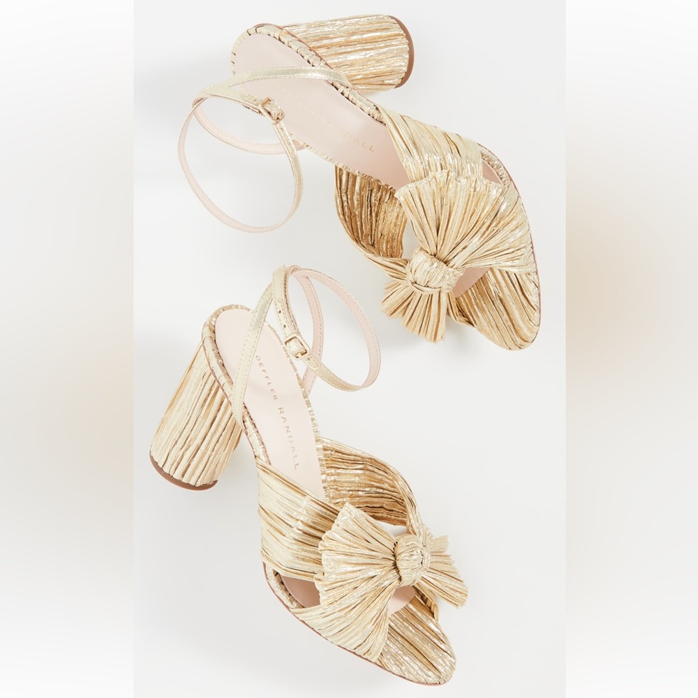 Loeffler Randall Camellia Gold Pleated Bow Heel with Ankle Strap 8.5